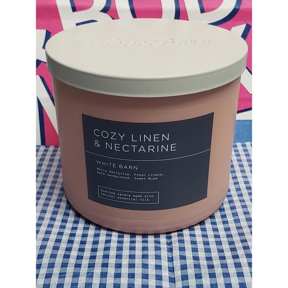 BBW Cozy Linen & Nectarine Large 3 Wick Candle Home Fragrance Decor - Picture 1 of 3